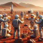 DALL·E 2023-11-12 17.46.50 - A photorealistic image of a beer party on Mars. The scene shows astronauts, diverse in gender and ethnicity, celebrating with beer on the Martian surf.png